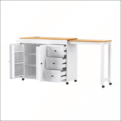 Extendable Kitchen Island with Dining Table, Storage Drawers, Power Outlet, and Wheels for Modern Kitchens