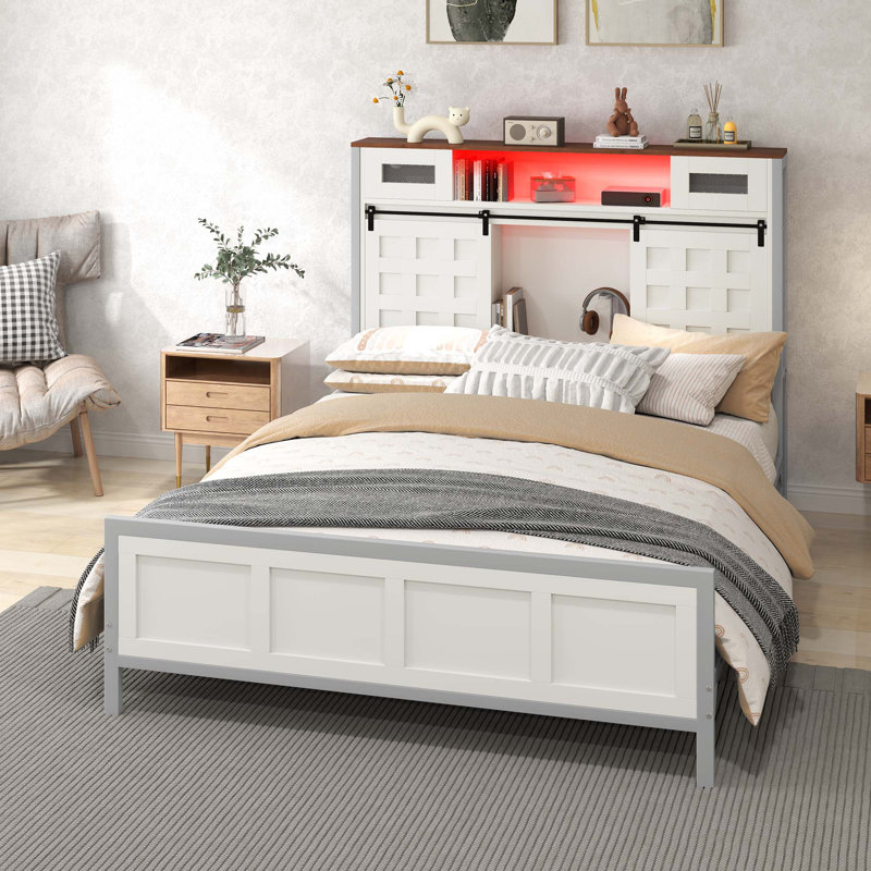 Farmhouse Platform Storage Bed with Bookcase Headboard and LED Lights, Queen, Walnut/White