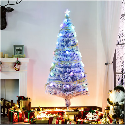 Sapin de Noël artificiel pré-éclairé de 5 pi de hauteur avec branches réalistes, lumières DEL multicolores, fibre optique et 180 pointes - blanc / bleu