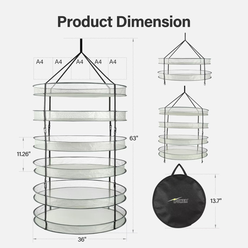 Séchoir à linge pliable suspendu à 3 couches 6 pieds avec anneaux robustes et sac de transport, pour plantes, graines et bourgeons, vert, 1 paquet de séchoir et sécateur bleu 6,5 po