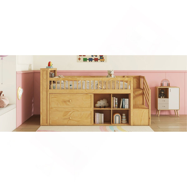 Latitude Run® Twin Size Loft Bed With LED And Bookshelf, Wood Low Loft ...
