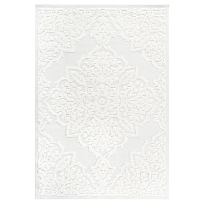High-Low Medallion Cream/Cream Indoor Area Rug, 6'7''x9', Modern, Contemporary, Geometric, Bohemian, Bedroom, Kitchen, Living Room, Non Shedding Carpet