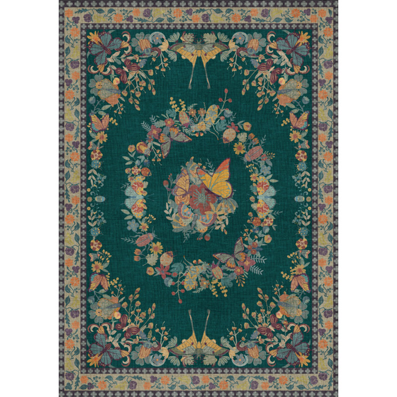 Tapis 4 x 6 pi, tapis d'extérieur doux papillon vert foncé, tapis lavables à poils courts vieillis d'inspiration rétro pour le salon, la salle à manger et la chambre à coucher