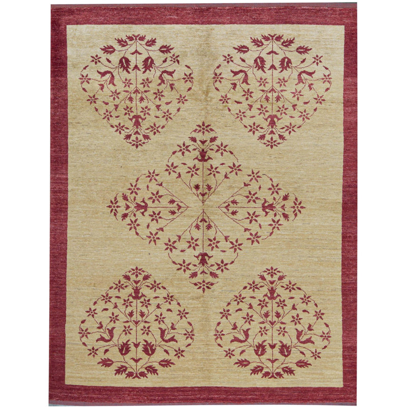 Tapis beige et rouge noué à la main de haute qualité