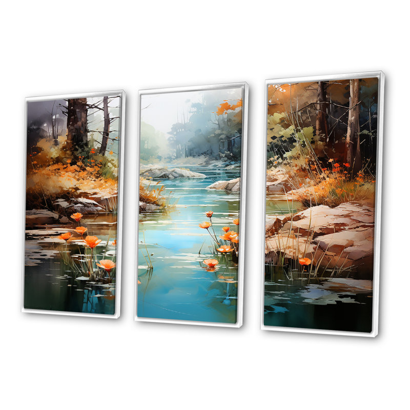 Ensemble de salon mural Tranquil Lakes Rivers Urban Symphony IV - River, Cadre flottant blanc, H 32 po x l 48 po x P 1 po