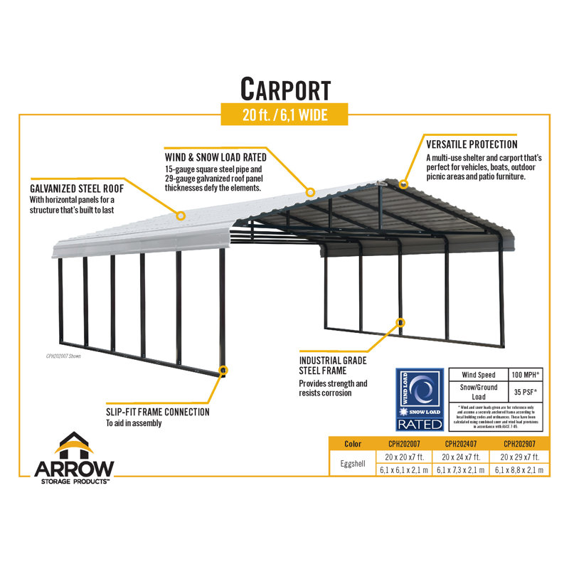 Galvanized Steel Carport, 20X24X7, Eggshell