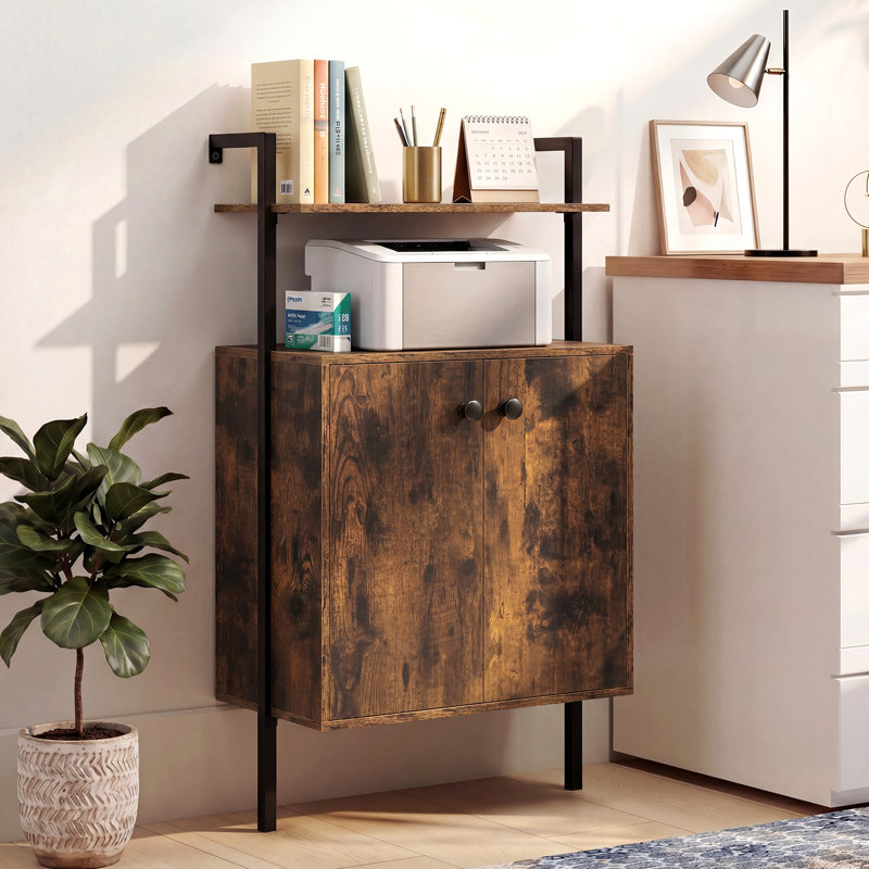 1 bibliothèque murale PCS avec armoire de rangement, bibliothèque industrielle 2 portes avec tablettes ouvertes brun rustique