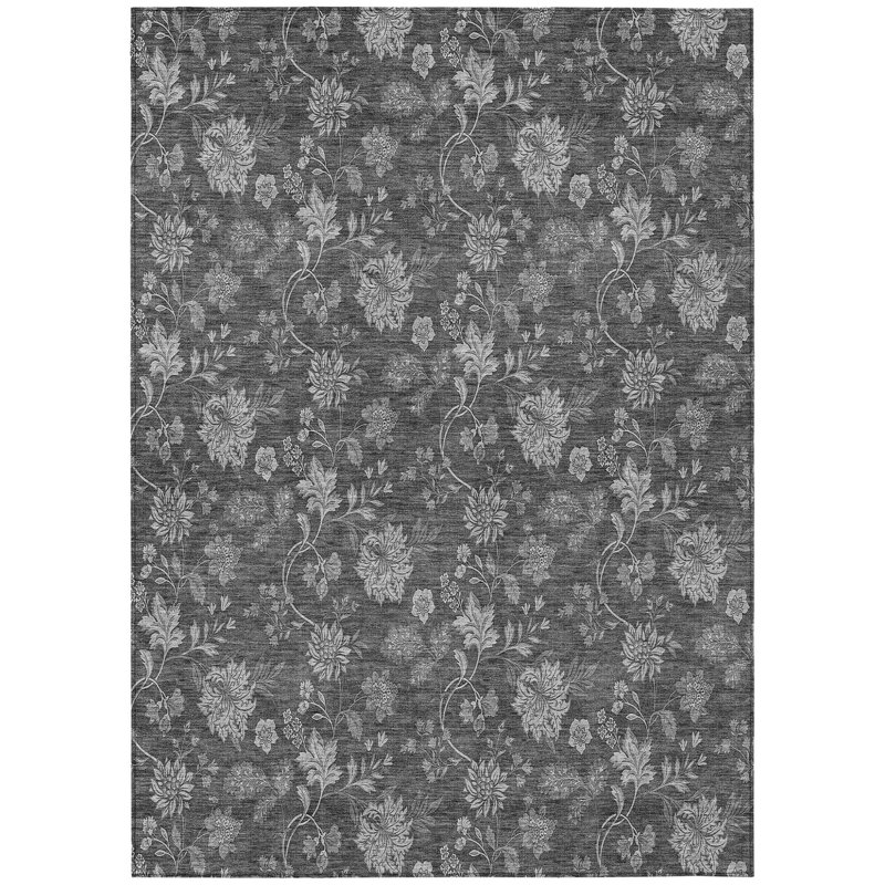 3' X 5' Gray Charcoal Floral Washable Indoor Outdoor Area Rug