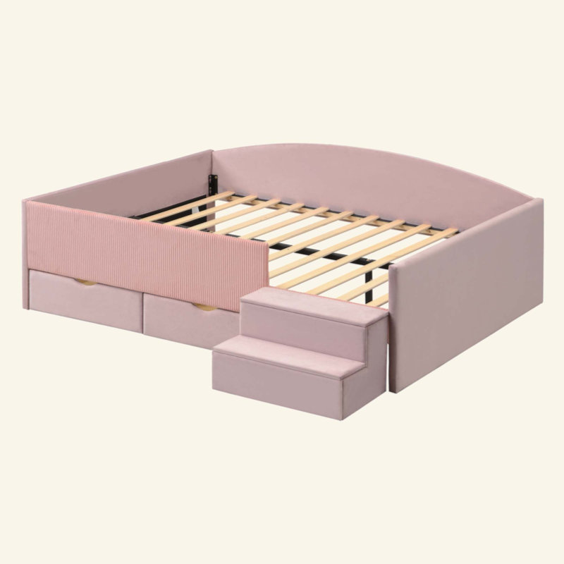 Structure de lit de jour rembourrée avec 2 tiroirs de rangement, Complet/Double, Rose