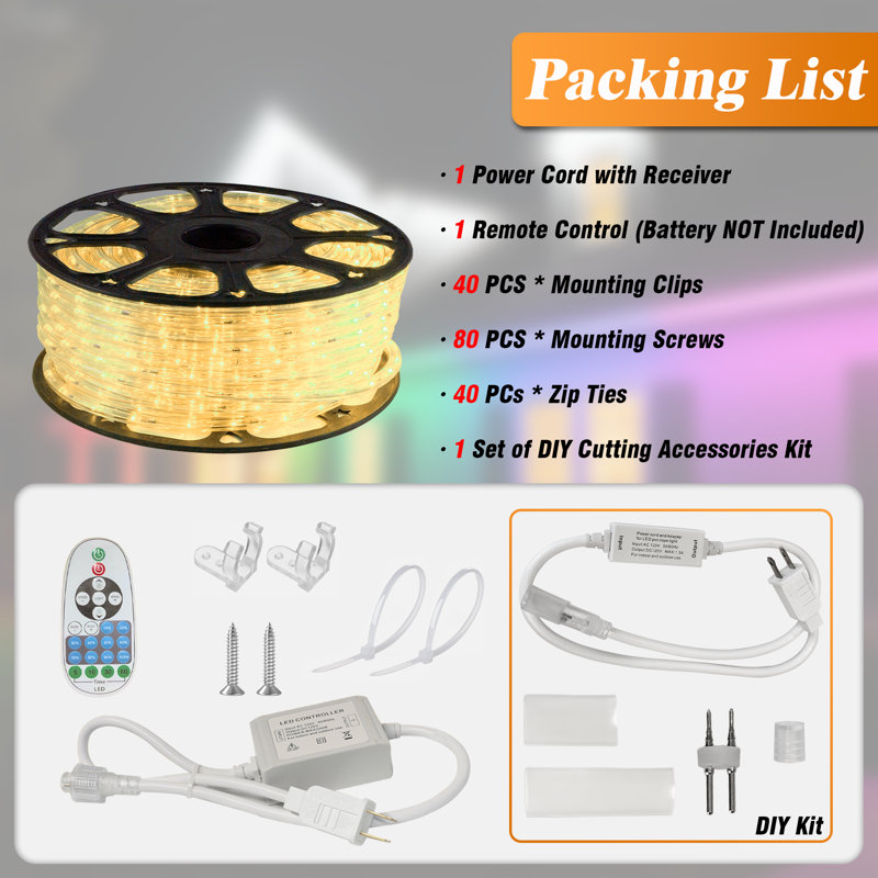 Cordon lumineux 65,6 pi DEL, 120 V enfichable, débrochable, connectable, luminosité réglable, étanche IP65, télécommande avec modes dynamiques et minuterie
