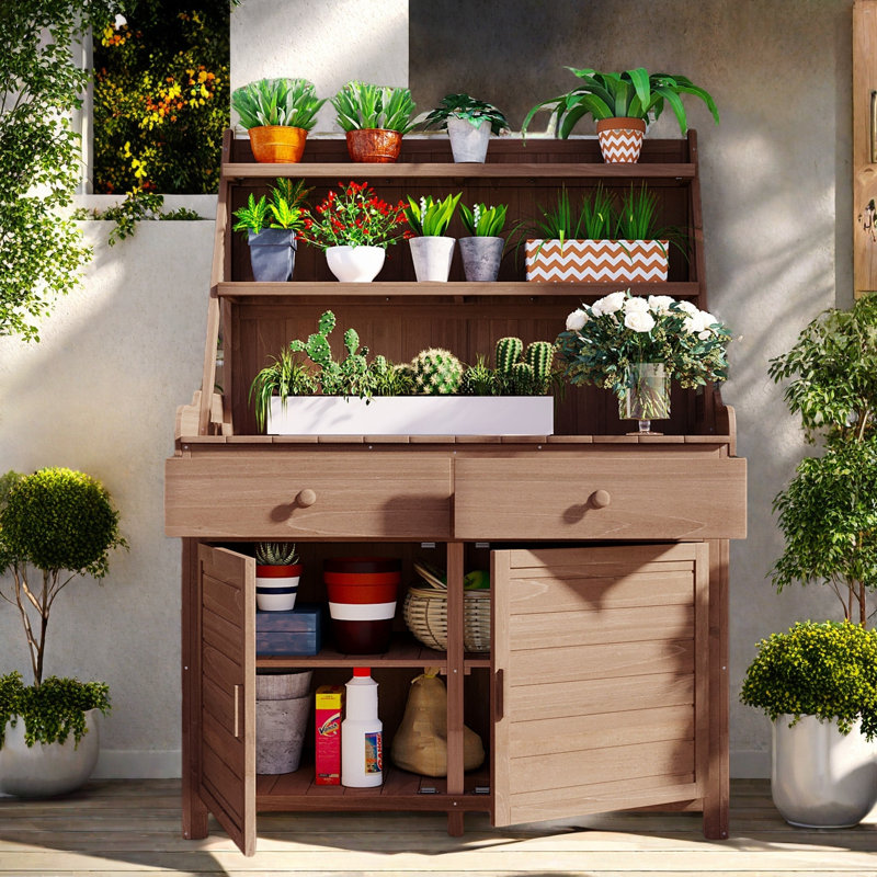 Table de jardin avec 2 tiroirs, 2 armoires et tablettes de rangement, Brun
