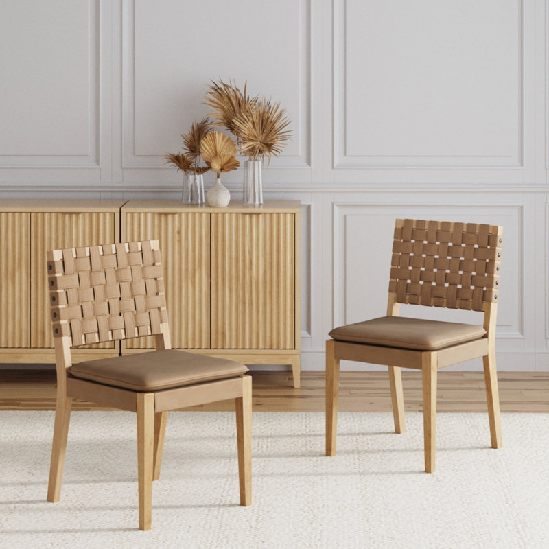 Tabouret de salle à manger en faux suède tissé avec pieds en bois massif, paquet de 2, 2