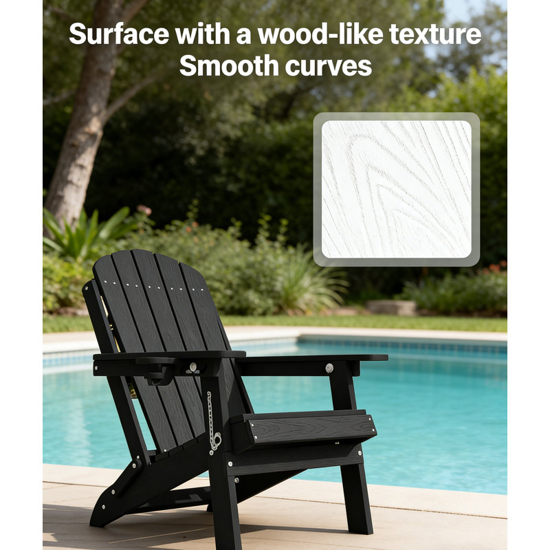  Weather Resistant Folding Plastic Adirondack Chair with Cup Holder & Adjustable Back for Adults, Black