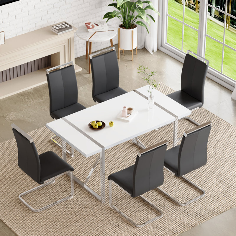 6 - Person Dining Set, Modern Rectangular Dining Table Set with 6 Luxury Faux Leather Dining Chairs, Silver, Black/Silver