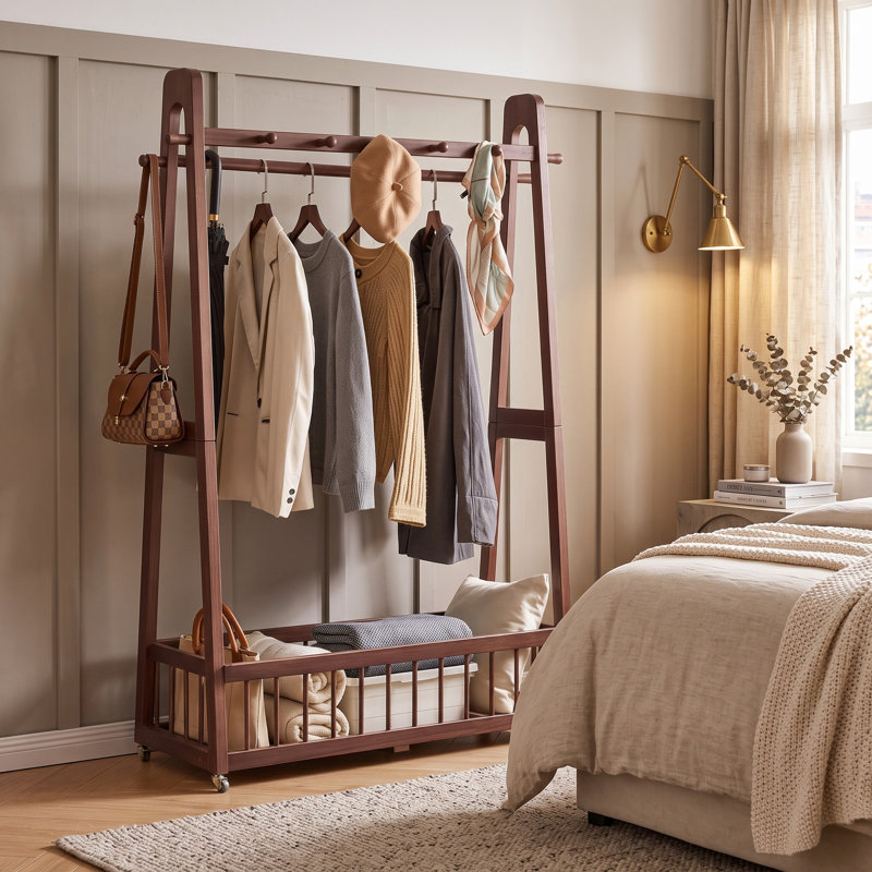 Solid Wood Garment Rack with Lockable Casters and Storage Basket - Walnut Finish