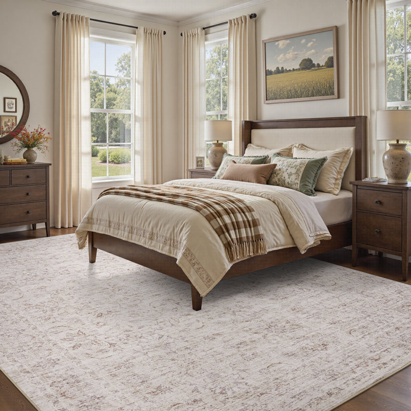 Soft Beige Vintage Floral Washable Area Rug With Non-Slip Backing For Living Rooms, Bedrooms, Rectangle 8' x 10', Beige