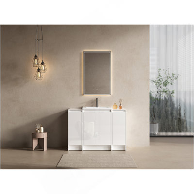 Meuble-lavabo autoportant 48 po avec lavabo en résine et 2 armoires de rangement, portes à fermeture en douceur, blanc brillant, contreplaqué (emballage KD)