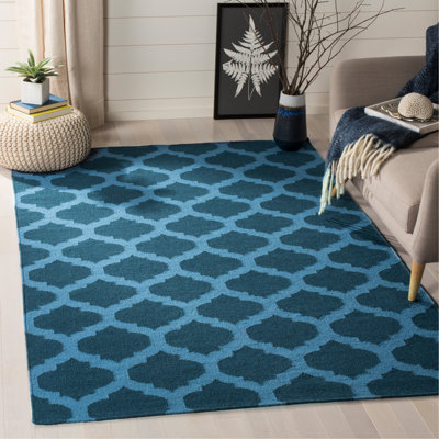 Rodgers Hand Woven Flat Weave Wool/Cotton Geometric Rug in Blue
