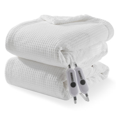 Couverture chauffante Queen Size – Double commande, 4 niveaux de chaleur, chauffage rapide, arrêt automatique après 10 h, texture douce en flanelle et sherpa gaufrée, lavable à la machine, certifiée ETL – 213 x 229 cm, blanche