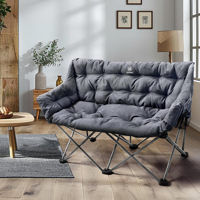 Double Camping Chair for Adults, Padded Folding Camping Love Seat Bench with Side Pocket