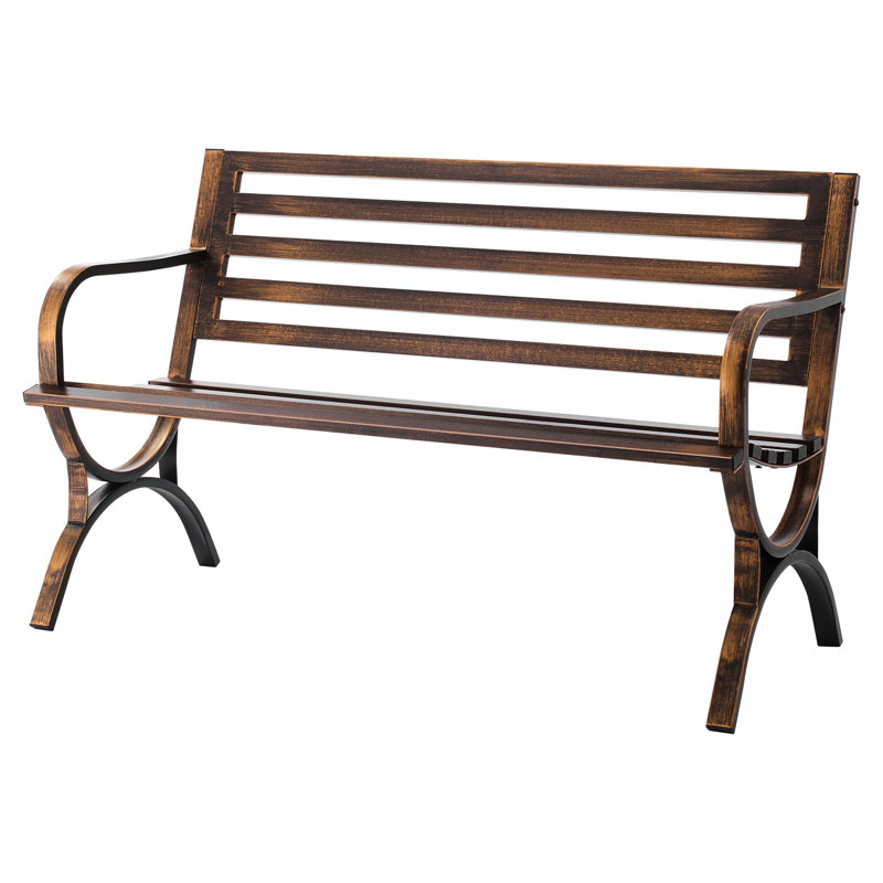 Banc d'extérieur de 127 cm (50 po) avec structure métallique à lattes, assise confortable et incurvée pour porche et terrasse, montage rapide.