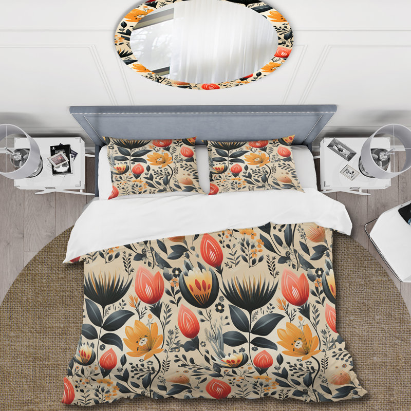Ensemble de housse de couette à motif floral jaune rétro Nostalgia, Housse de couette pour grand lit et 2 taies décor