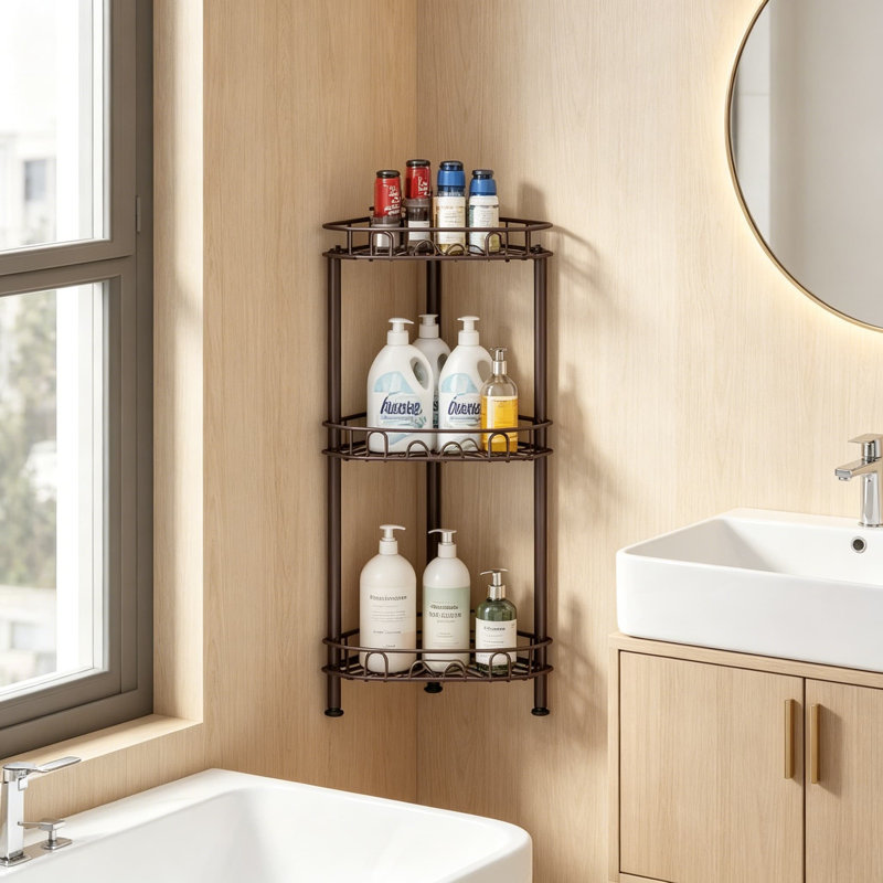 Tablette de rangement de douche à 3 niveaux en acier inoxydable avec 12 crochets et patins adhésifs, Brown