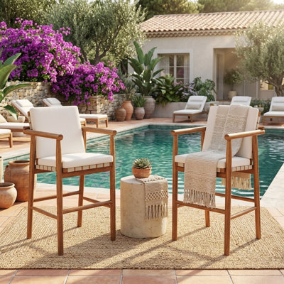 Set Of 2 Outdoor Counter Height Bar Stools - Modern Acacia Wood Patio Chairs With Backrest, Armrests & Webbing Seat