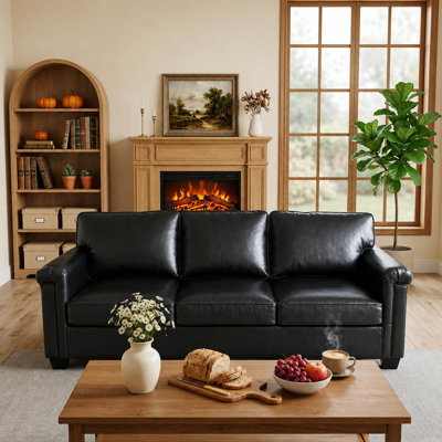 Canapé de 88 pouces à 3 places en similicuir, canapé avec accoudoirs carrés larges, coussins de soutien ferme, structure robuste et revêtement facile à nettoyer pour l'ameublement d'appartements et de bureaux, noir