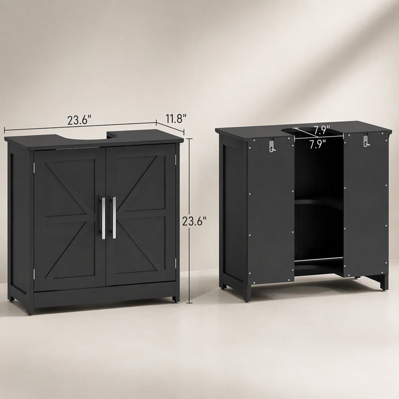 Armoire de rangement à piédestal, lavabo de salle de bain avec 2 portes de grange et tablette réglable (sans lavabo)