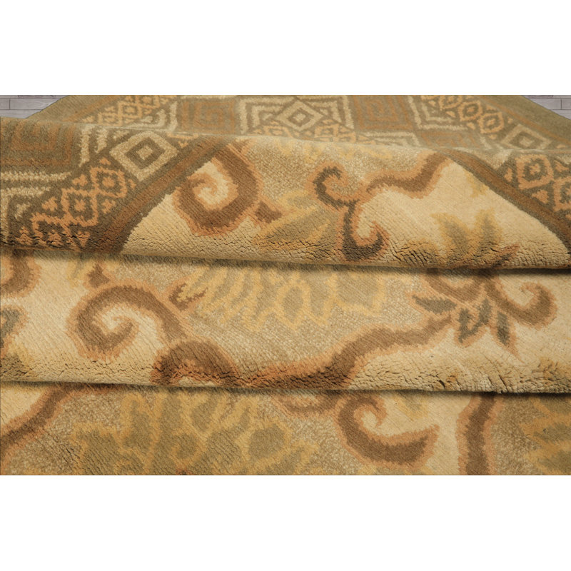 Tapis tibétain beige en laine et en soie noué à la main 6 x 9 Tibetano