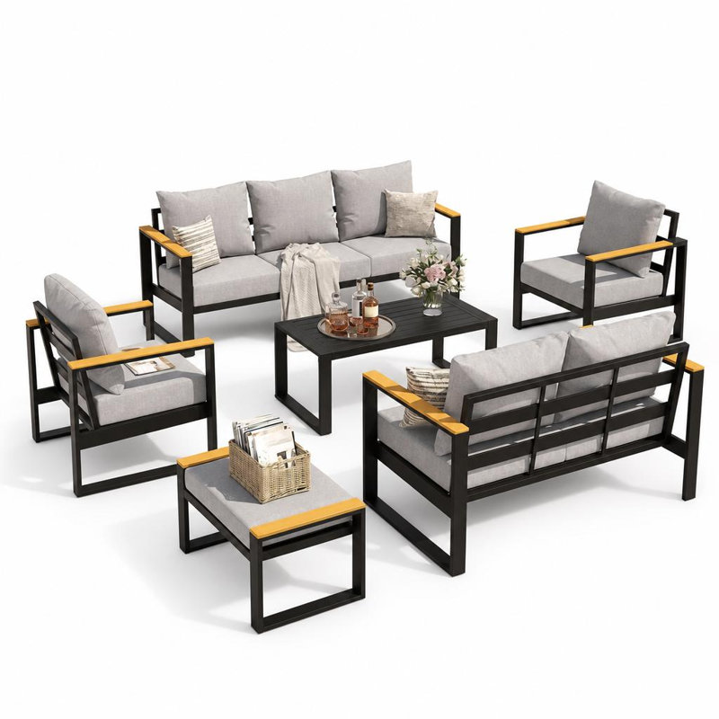 Ensemble de conversation 7 pièces avec canapé et table basse pour l'extérieur, Gris