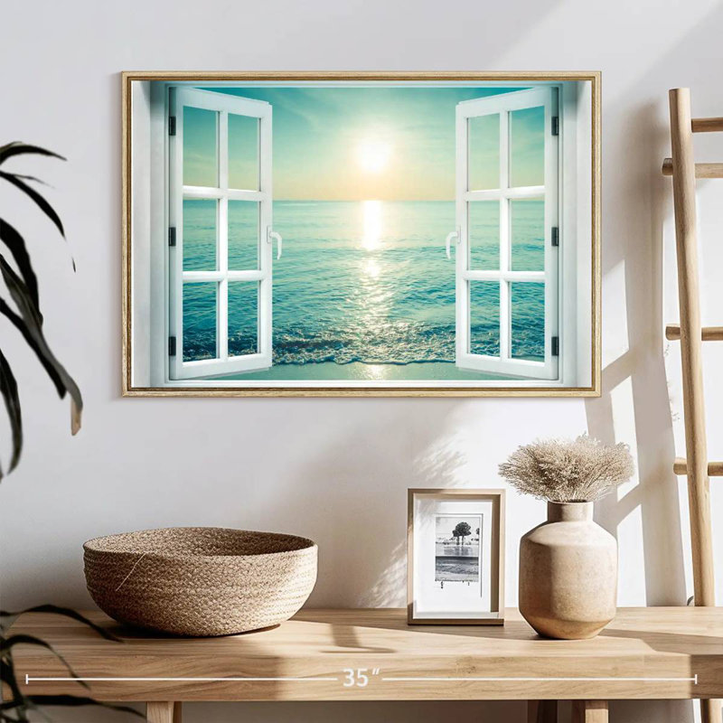 Fenêtre sur le paysage marin, 25 po x 17 po, Cadre flottant en bois naturel