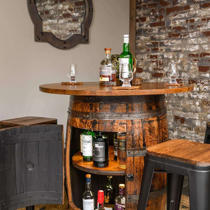 Whiskey Barrel Pub Table with 36" Solid Oak Top Handmade Rustic Bar Table Crafted by Family-Owned Mystic Barrels