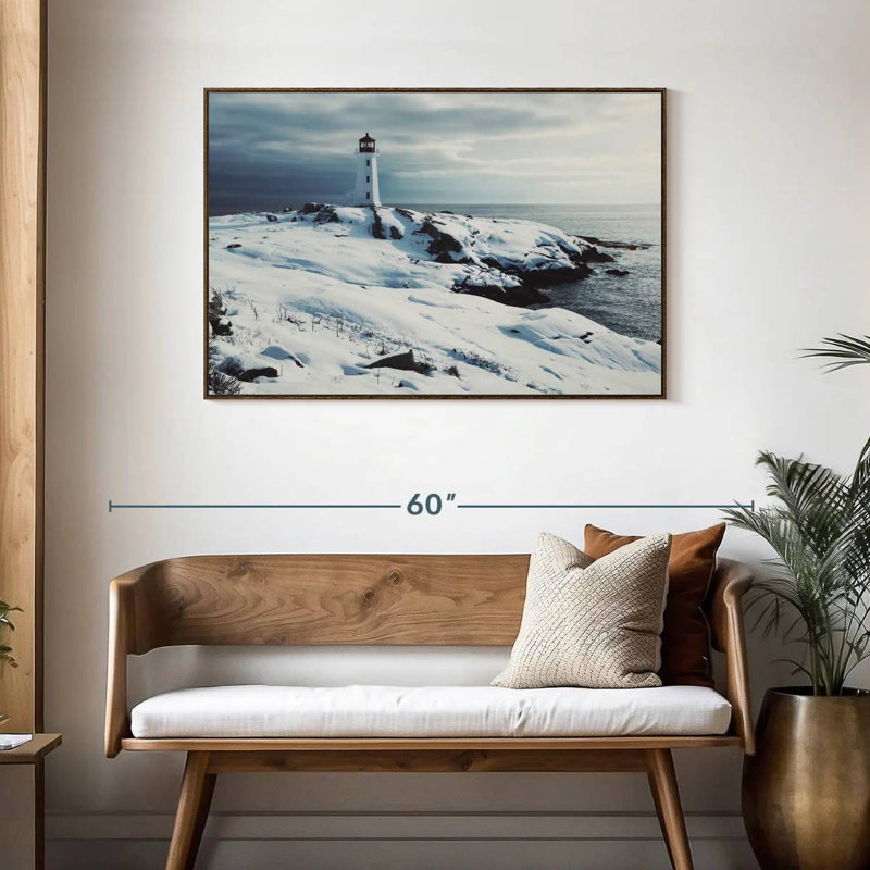 Hiver au phare de Peggy Point, Cadre flottant noyer, 43 po x 29 po