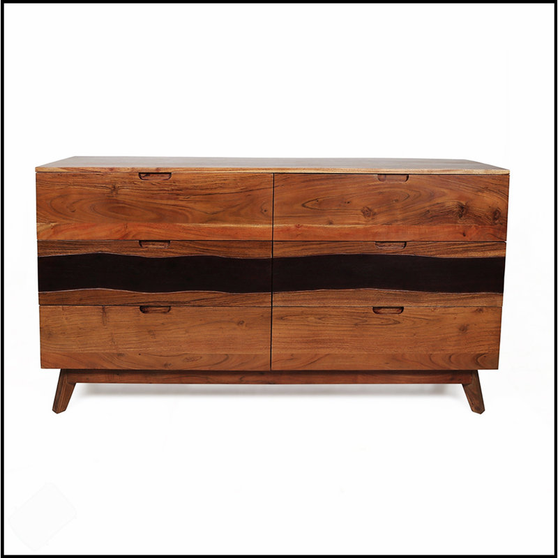 59X16.5X31 Sierra Six Drawer Sideboard, Rustic Oak Credenza For Elegant Storage And Display