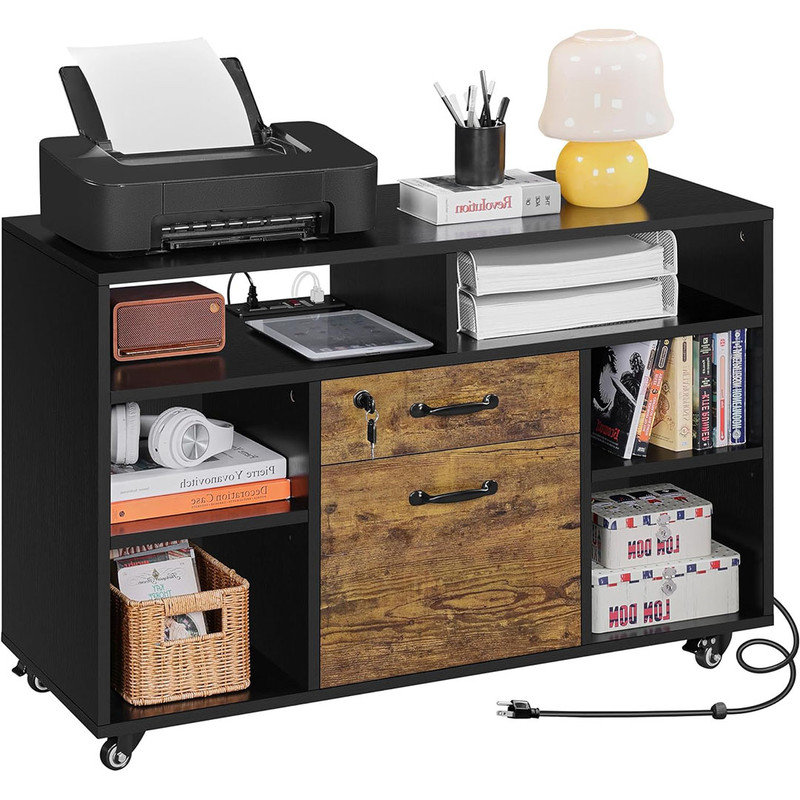 File Cabinet Filing Cabinets with Socket, USB Charging Port and 2 Drawers, Lateral Printer Stand Fits for Home Office Black/Rustic Brown