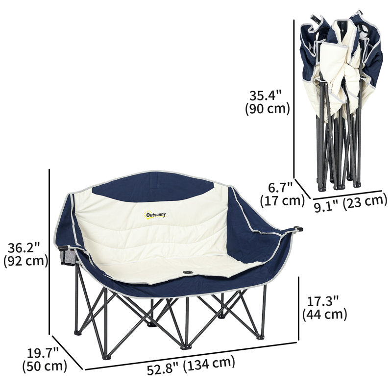 Double chaise de camping, chaise de camping rembourrée avec porte-gobelets, Bleu