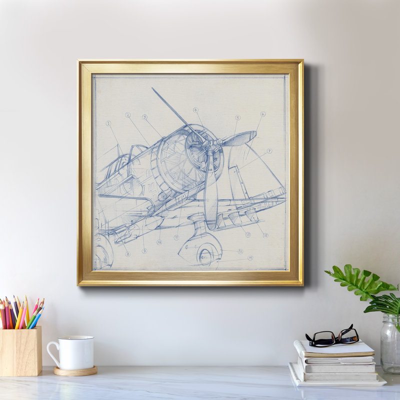 Airplane Mechanical Sketch I - Single Picture Frame Canvas, Gold Framed Canvas, 16" H x 16" W x 1" D, No Mat