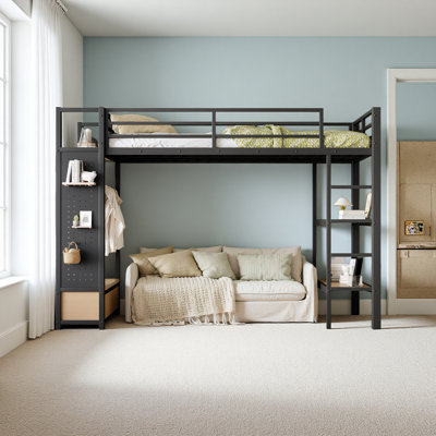 Structure de lit simple de taille mezzanine avec garde-robe, lit mezzanine en métal avec tablettes de rangement et panneau perforé