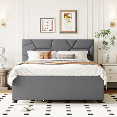 Lit plateforme tapissier avec tête de lit en lin et en brique gris, lit gigogne simple, 2 tiroirs, espace supplémentaire, lit gigogne sans sommier