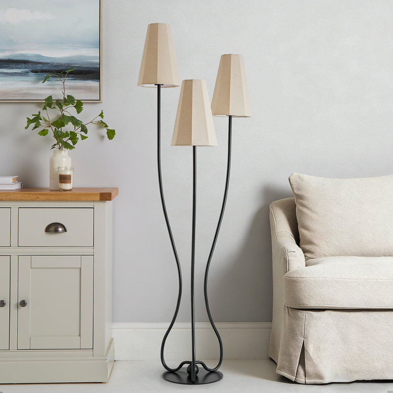 68” Artistic Vintage Floor Lamp with Octagonal Weathered Linen Shades and Sculptural Curved Iron Base – 3-Light Statement Lamp, Black