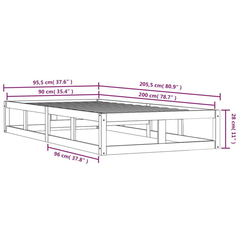 Bed Frame Solid Wood, Brown, 95.5 x 205.5 cm