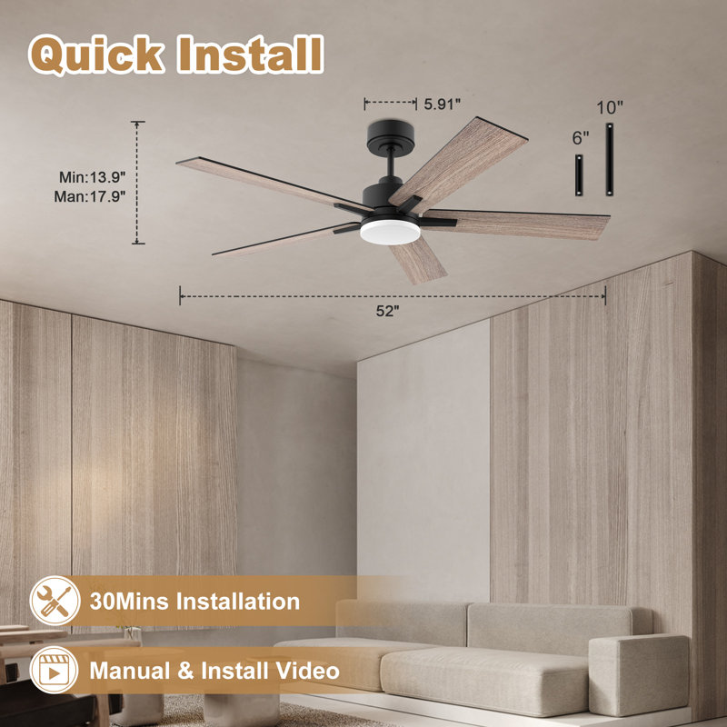 Ventilateur de plafond moderne à 5 pales avec lumières, télécommande et contrôle Alexa, moteur à courant continu silencieux, à intensité variable, intérieur extérieur
