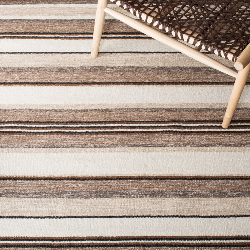Andreucci Hand Loomed Wool/Cotton Striped Rug in Natural/Ivory, Rectangle 5' x 8'