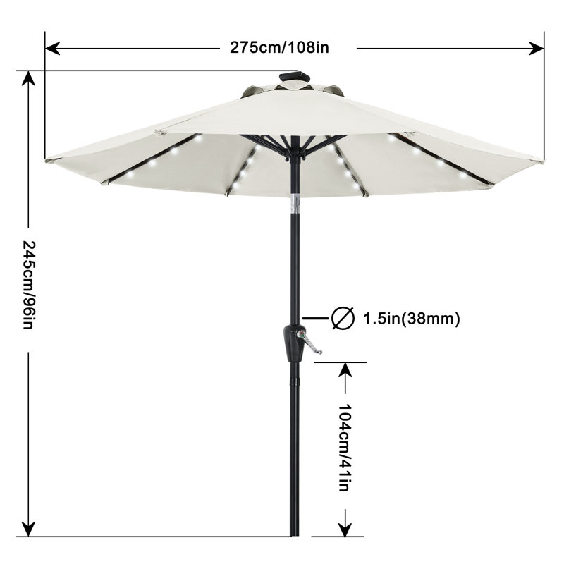 Parasol de marché solaire à DEL Cutshall avec inclinaison et relevage à manivelle, Crème, 9'