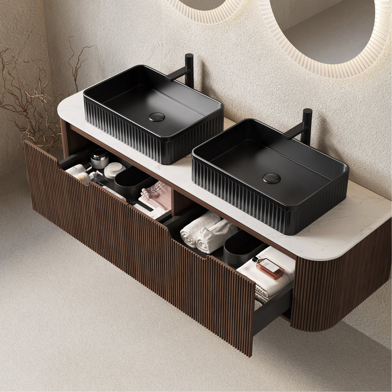 60" Bathroom Vanity&Sinks, Floating Curved Edges Striped Storage Cabinet with 2 Drawers, 2 Black Rectangular Ceramic Basins&White Sintered Stone Top, Pre-assembled Dark Walnut