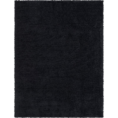 Tapis à poils longs en polyester tissé à la machine de couleur unie Burgy en noir onyx