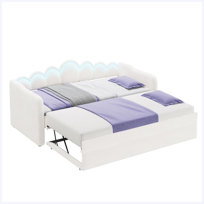 Lit de jour tapissier blanc TG avec lit gigogne et lumières DEL blanc, mobilier de chambre multifonctionnel réglable