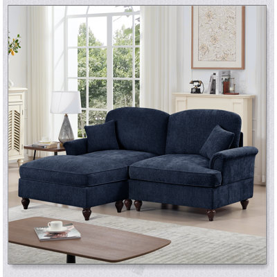 Élégant canapé Mid-Century modulaire en forme de L à deux places avec accoudoirs évasés, volants amovibles et pieds fuselés, causeuse en chenille confortable avec repose-pieds mobile
